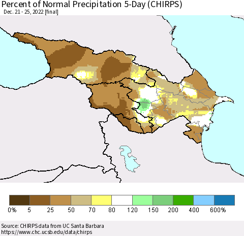 Azerbaijan, Armenia and Georgia Percent of Normal Precipitation 5-Day (CHIRPS) Thematic Map For 12/21/2022 - 12/25/2022
