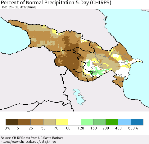Azerbaijan, Armenia and Georgia Percent of Normal Precipitation 5-Day (CHIRPS) Thematic Map For 12/26/2022 - 12/31/2022