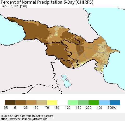 Azerbaijan, Armenia and Georgia Percent of Normal Precipitation 5-Day (CHIRPS) Thematic Map For 1/1/2023 - 1/5/2023