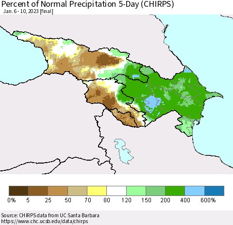 Azerbaijan, Armenia and Georgia Percent of Normal Precipitation 5-Day (CHIRPS) Thematic Map For 1/6/2023 - 1/10/2023