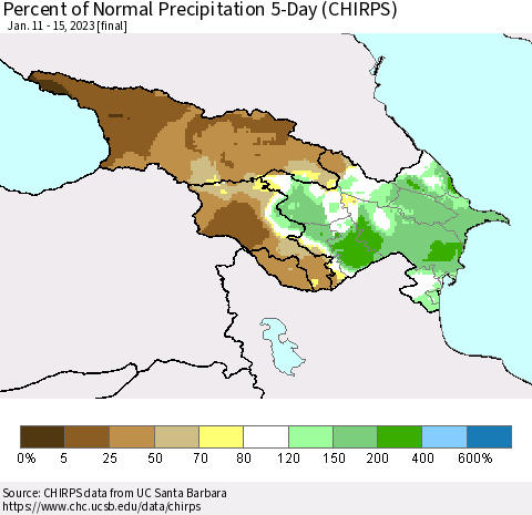 Azerbaijan, Armenia and Georgia Percent of Normal Precipitation 5-Day (CHIRPS) Thematic Map For 1/11/2023 - 1/15/2023