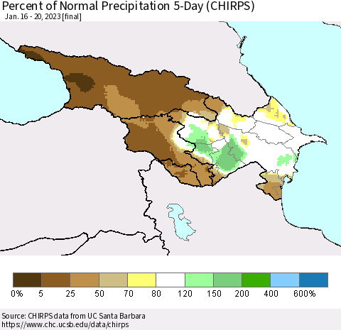 Azerbaijan, Armenia and Georgia Percent of Normal Precipitation 5-Day (CHIRPS) Thematic Map For 1/16/2023 - 1/20/2023