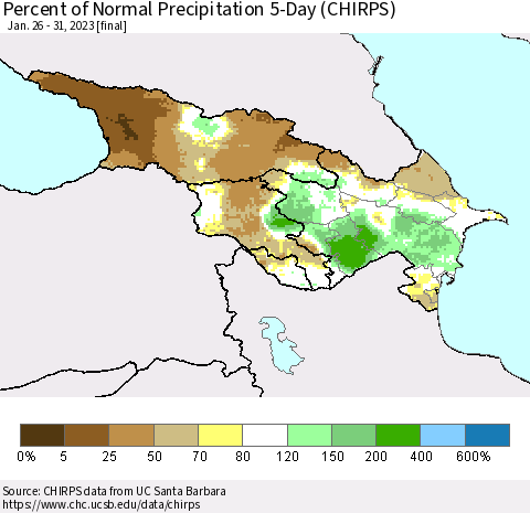 Azerbaijan, Armenia and Georgia Percent of Normal Precipitation 5-Day (CHIRPS) Thematic Map For 1/26/2023 - 1/31/2023