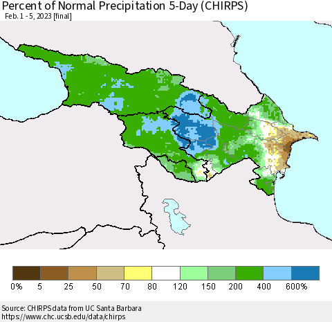 Azerbaijan, Armenia and Georgia Percent of Normal Precipitation 5-Day (CHIRPS) Thematic Map For 2/1/2023 - 2/5/2023