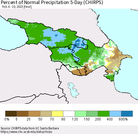 Azerbaijan, Armenia and Georgia Percent of Normal Precipitation 5-Day (CHIRPS) Thematic Map For 2/6/2023 - 2/10/2023