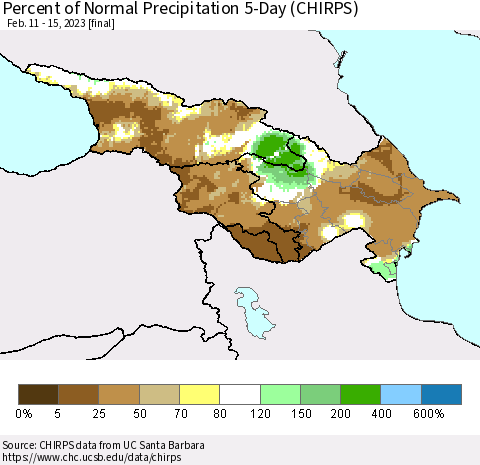 Azerbaijan, Armenia and Georgia Percent of Normal Precipitation 5-Day (CHIRPS) Thematic Map For 2/11/2023 - 2/15/2023