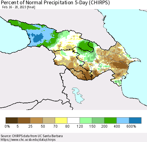 Azerbaijan, Armenia and Georgia Percent of Normal Precipitation 5-Day (CHIRPS) Thematic Map For 2/16/2023 - 2/20/2023