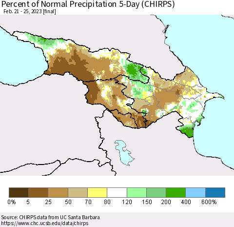Azerbaijan, Armenia and Georgia Percent of Normal Precipitation 5-Day (CHIRPS) Thematic Map For 2/21/2023 - 2/25/2023