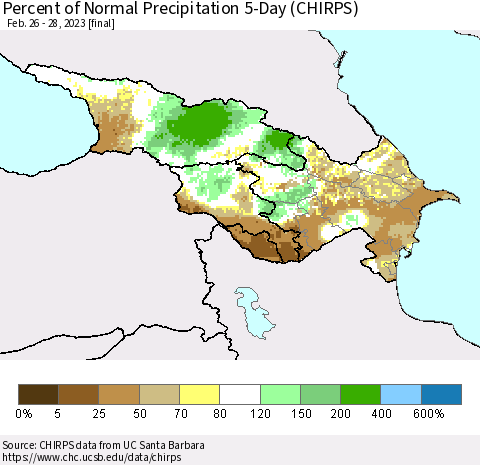 Azerbaijan, Armenia and Georgia Percent of Normal Precipitation 5-Day (CHIRPS) Thematic Map For 2/26/2023 - 2/28/2023