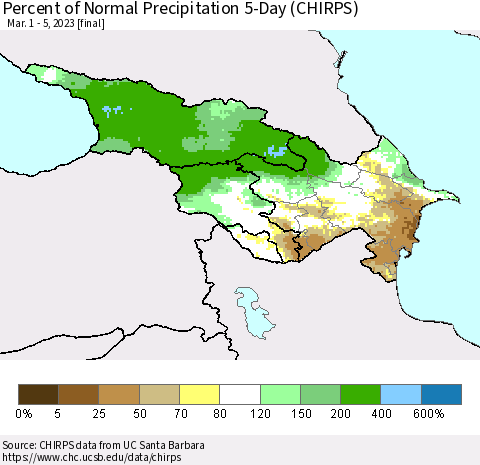 Azerbaijan, Armenia and Georgia Percent of Normal Precipitation 5-Day (CHIRPS) Thematic Map For 3/1/2023 - 3/5/2023