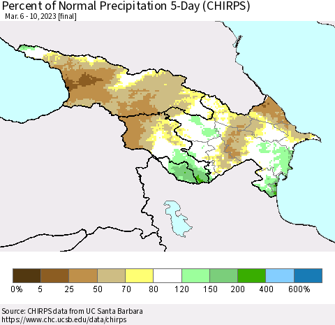 Azerbaijan, Armenia and Georgia Percent of Normal Precipitation 5-Day (CHIRPS) Thematic Map For 3/6/2023 - 3/10/2023