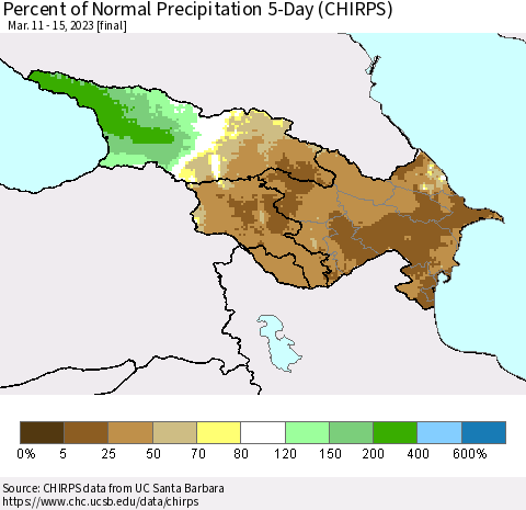 Azerbaijan, Armenia and Georgia Percent of Normal Precipitation 5-Day (CHIRPS) Thematic Map For 3/11/2023 - 3/15/2023