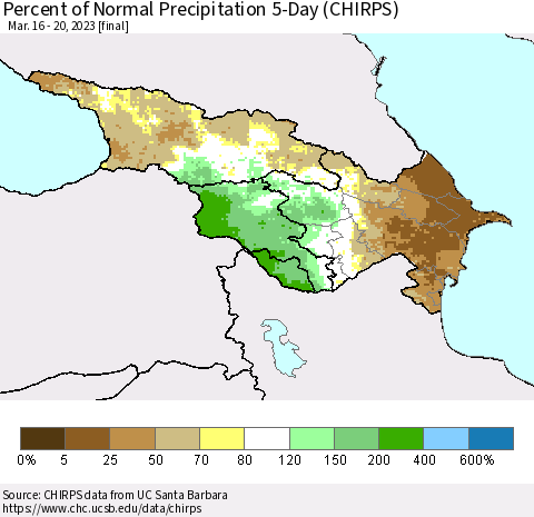 Azerbaijan, Armenia and Georgia Percent of Normal Precipitation 5-Day (CHIRPS) Thematic Map For 3/16/2023 - 3/20/2023