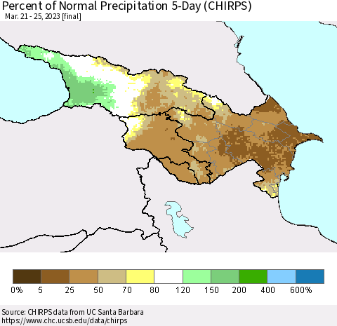 Azerbaijan, Armenia and Georgia Percent of Normal Precipitation 5-Day (CHIRPS) Thematic Map For 3/21/2023 - 3/25/2023