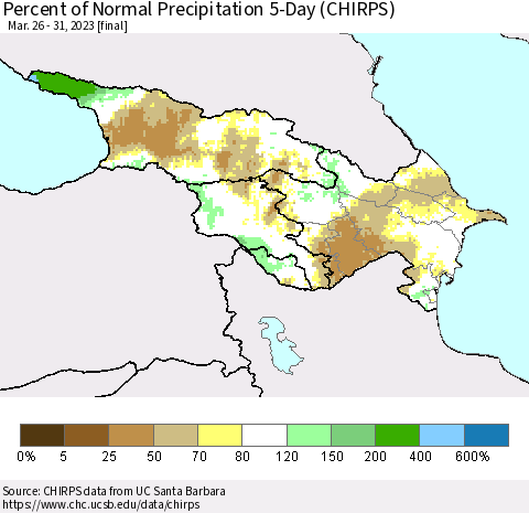 Azerbaijan, Armenia and Georgia Percent of Normal Precipitation 5-Day (CHIRPS) Thematic Map For 3/26/2023 - 3/31/2023