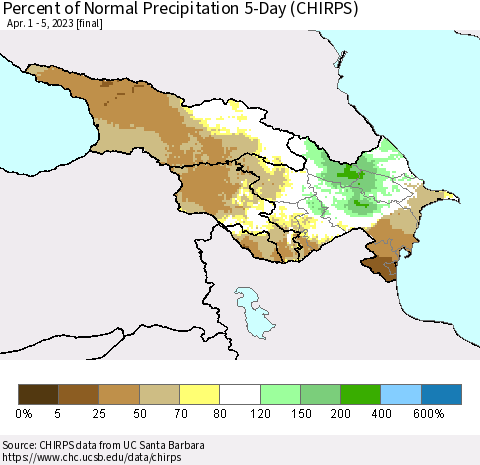 Azerbaijan, Armenia and Georgia Percent of Normal Precipitation 5-Day (CHIRPS) Thematic Map For 4/1/2023 - 4/5/2023