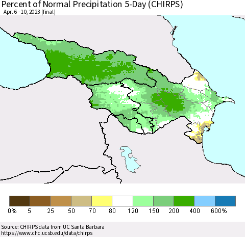 Azerbaijan, Armenia and Georgia Percent of Normal Precipitation 5-Day (CHIRPS) Thematic Map For 4/6/2023 - 4/10/2023