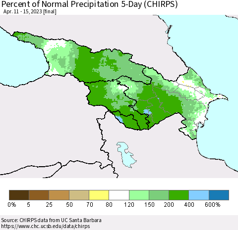 Azerbaijan, Armenia and Georgia Percent of Normal Precipitation 5-Day (CHIRPS) Thematic Map For 4/11/2023 - 4/15/2023