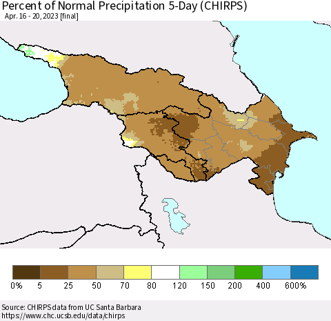 Azerbaijan, Armenia and Georgia Percent of Normal Precipitation 5-Day (CHIRPS) Thematic Map For 4/16/2023 - 4/20/2023