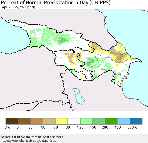 Azerbaijan, Armenia and Georgia Percent of Normal Precipitation 5-Day (CHIRPS) Thematic Map For 4/21/2023 - 4/25/2023