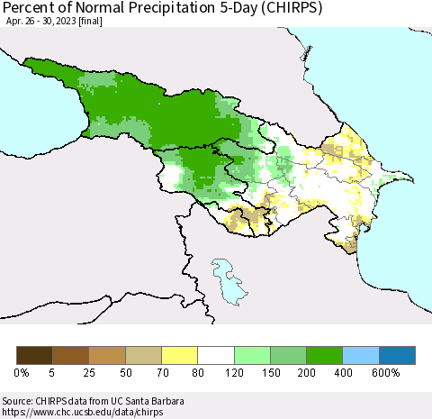 Azerbaijan, Armenia and Georgia Percent of Normal Precipitation 5-Day (CHIRPS) Thematic Map For 4/26/2023 - 4/30/2023