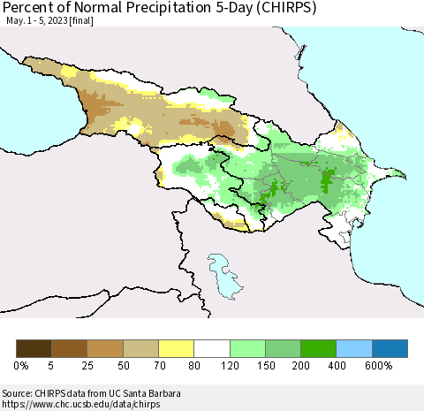 Azerbaijan, Armenia and Georgia Percent of Normal Precipitation 5-Day (CHIRPS) Thematic Map For 5/1/2023 - 5/5/2023