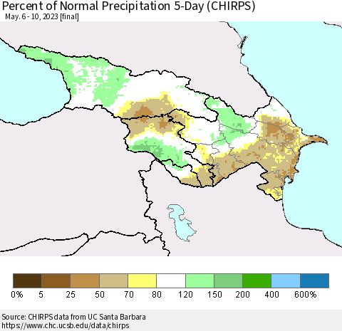Azerbaijan, Armenia and Georgia Percent of Normal Precipitation 5-Day (CHIRPS) Thematic Map For 5/6/2023 - 5/10/2023
