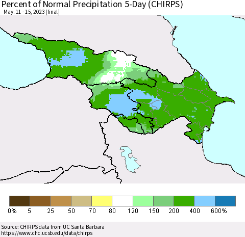 Azerbaijan, Armenia and Georgia Percent of Normal Precipitation 5-Day (CHIRPS) Thematic Map For 5/11/2023 - 5/15/2023
