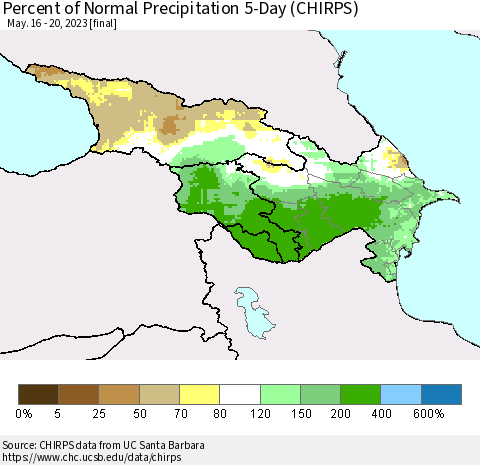 Azerbaijan, Armenia and Georgia Percent of Normal Precipitation 5-Day (CHIRPS) Thematic Map For 5/16/2023 - 5/20/2023