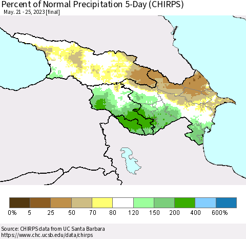 Azerbaijan, Armenia and Georgia Percent of Normal Precipitation 5-Day (CHIRPS) Thematic Map For 5/21/2023 - 5/25/2023