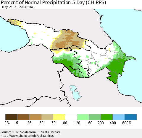 Azerbaijan, Armenia and Georgia Percent of Normal Precipitation 5-Day (CHIRPS) Thematic Map For 5/26/2023 - 5/31/2023