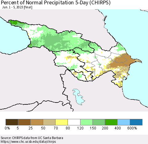 Azerbaijan, Armenia and Georgia Percent of Normal Precipitation 5-Day (CHIRPS) Thematic Map For 6/1/2023 - 6/5/2023