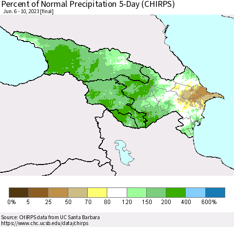 Azerbaijan, Armenia and Georgia Percent of Normal Precipitation 5-Day (CHIRPS) Thematic Map For 6/6/2023 - 6/10/2023