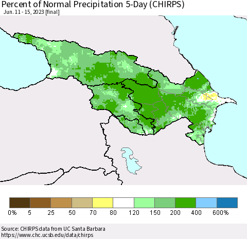 Azerbaijan, Armenia and Georgia Percent of Normal Precipitation 5-Day (CHIRPS) Thematic Map For 6/11/2023 - 6/15/2023