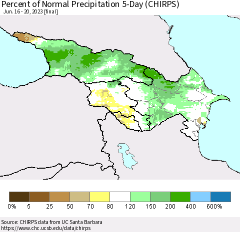 Azerbaijan, Armenia and Georgia Percent of Normal Precipitation 5-Day (CHIRPS) Thematic Map For 6/16/2023 - 6/20/2023