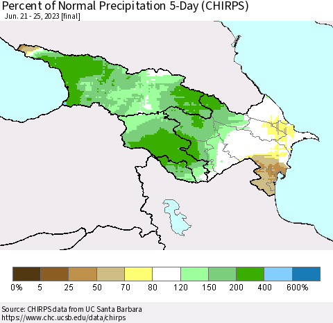 Azerbaijan, Armenia and Georgia Percent of Normal Precipitation 5-Day (CHIRPS) Thematic Map For 6/21/2023 - 6/25/2023