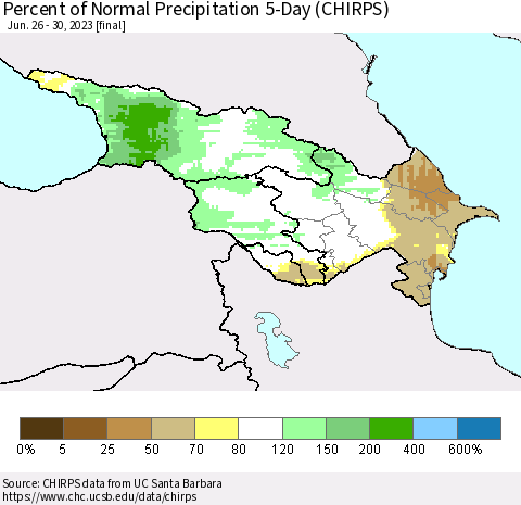 Azerbaijan, Armenia and Georgia Percent of Normal Precipitation 5-Day (CHIRPS) Thematic Map For 6/26/2023 - 6/30/2023