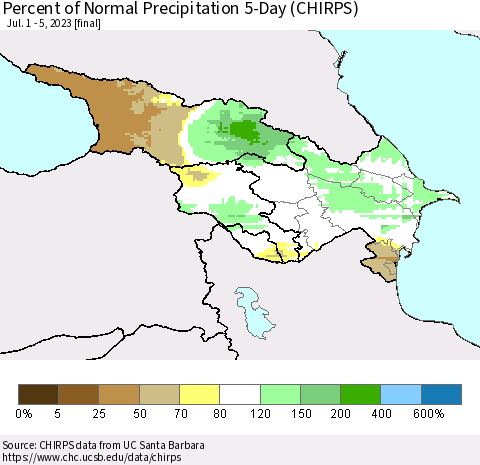 Azerbaijan, Armenia and Georgia Percent of Normal Precipitation 5-Day (CHIRPS) Thematic Map For 7/1/2023 - 7/5/2023
