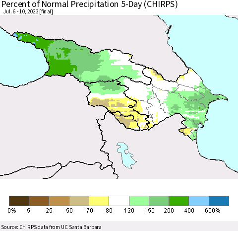 Azerbaijan, Armenia and Georgia Percent of Normal Precipitation 5-Day (CHIRPS) Thematic Map For 7/6/2023 - 7/10/2023