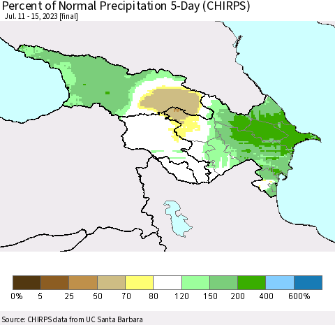 Azerbaijan, Armenia and Georgia Percent of Normal Precipitation 5-Day (CHIRPS) Thematic Map For 7/11/2023 - 7/15/2023