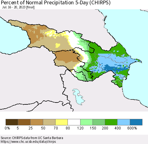 Azerbaijan, Armenia and Georgia Percent of Normal Precipitation 5-Day (CHIRPS) Thematic Map For 7/16/2023 - 7/20/2023