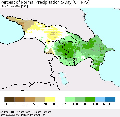 Azerbaijan, Armenia and Georgia Percent of Normal Precipitation 5-Day (CHIRPS) Thematic Map For 7/21/2023 - 7/25/2023