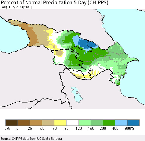 Azerbaijan, Armenia and Georgia Percent of Normal Precipitation 5-Day (CHIRPS) Thematic Map For 8/1/2023 - 8/5/2023
