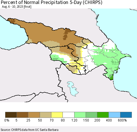 Azerbaijan, Armenia and Georgia Percent of Normal Precipitation 5-Day (CHIRPS) Thematic Map For 8/6/2023 - 8/10/2023