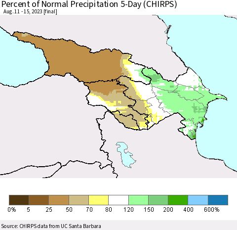 Azerbaijan, Armenia and Georgia Percent of Normal Precipitation 5-Day (CHIRPS) Thematic Map For 8/11/2023 - 8/15/2023