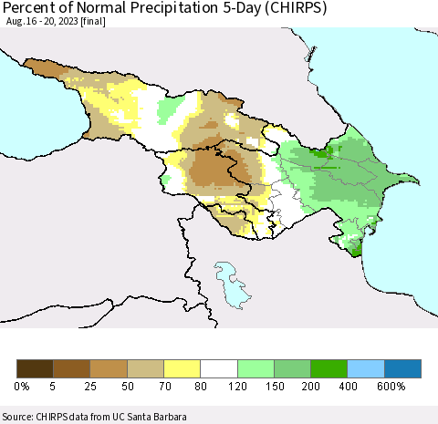 Azerbaijan, Armenia and Georgia Percent of Normal Precipitation 5-Day (CHIRPS) Thematic Map For 8/16/2023 - 8/20/2023