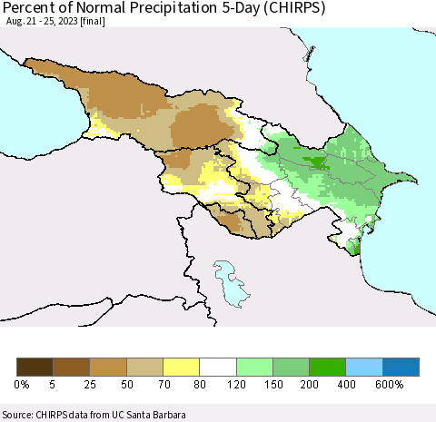 Azerbaijan, Armenia and Georgia Percent of Normal Precipitation 5-Day (CHIRPS) Thematic Map For 8/21/2023 - 8/25/2023
