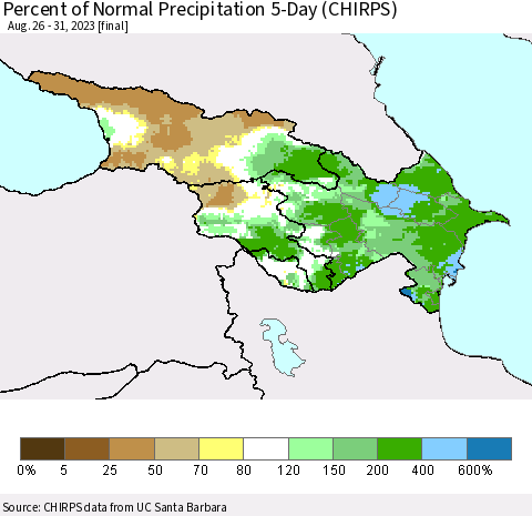 Azerbaijan, Armenia and Georgia Percent of Normal Precipitation 5-Day (CHIRPS) Thematic Map For 8/26/2023 - 8/31/2023