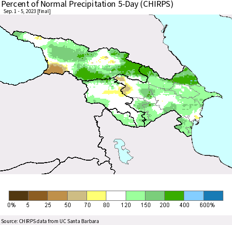 Azerbaijan, Armenia and Georgia Percent of Normal Precipitation 5-Day (CHIRPS) Thematic Map For 9/1/2023 - 9/5/2023