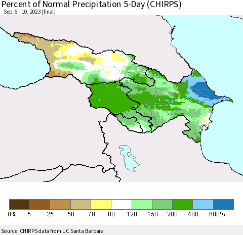 Azerbaijan, Armenia and Georgia Percent of Normal Precipitation 5-Day (CHIRPS) Thematic Map For 9/6/2023 - 9/10/2023